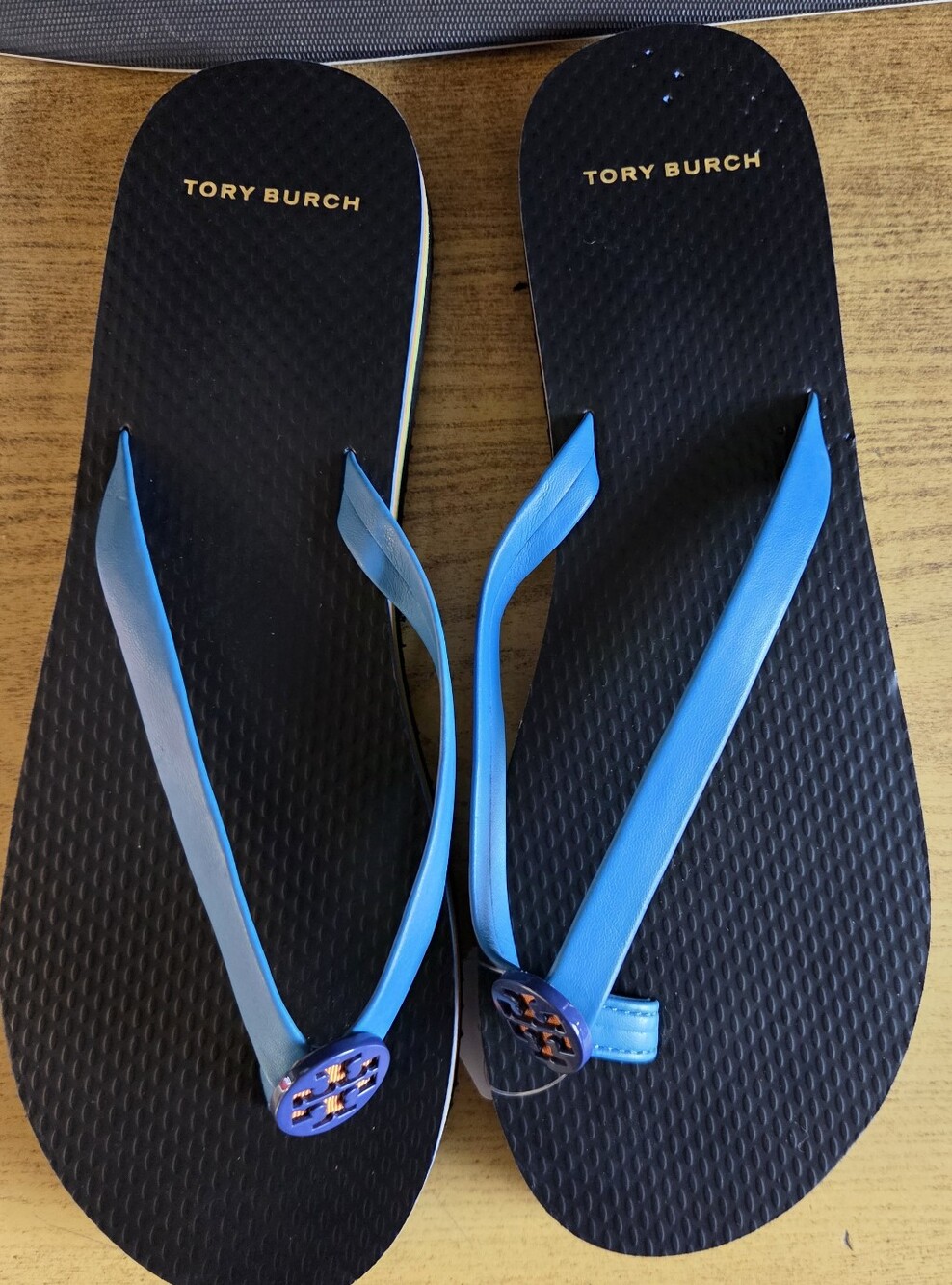Tory Burch Black Sandals with Bright Blue Straps